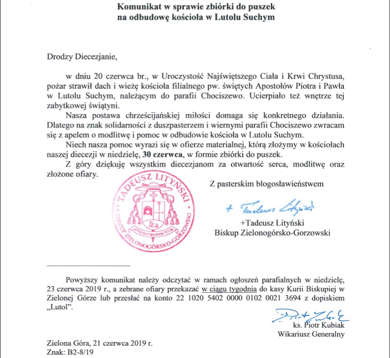 Komunikat w sprawie zbiorki do puszek na odbudowe kosciola w Lutolu Suchym (21.06.2019 r.)