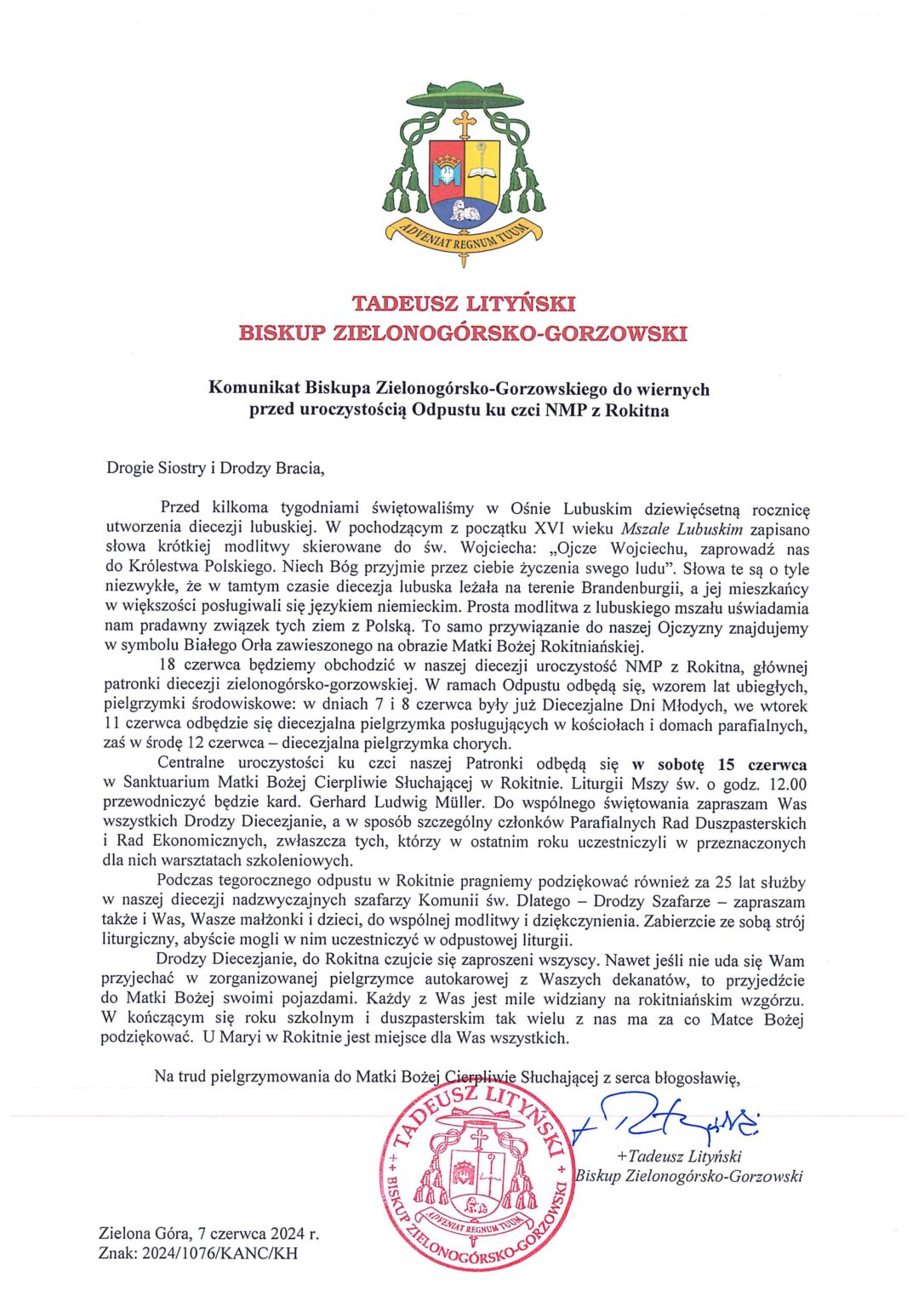 Komunikat Biskupa Zielonogorsko Gorzowskiego do wiernych przed uroczystoscia Odpustu ku czci NMP z Rokitna 1 1086x1536