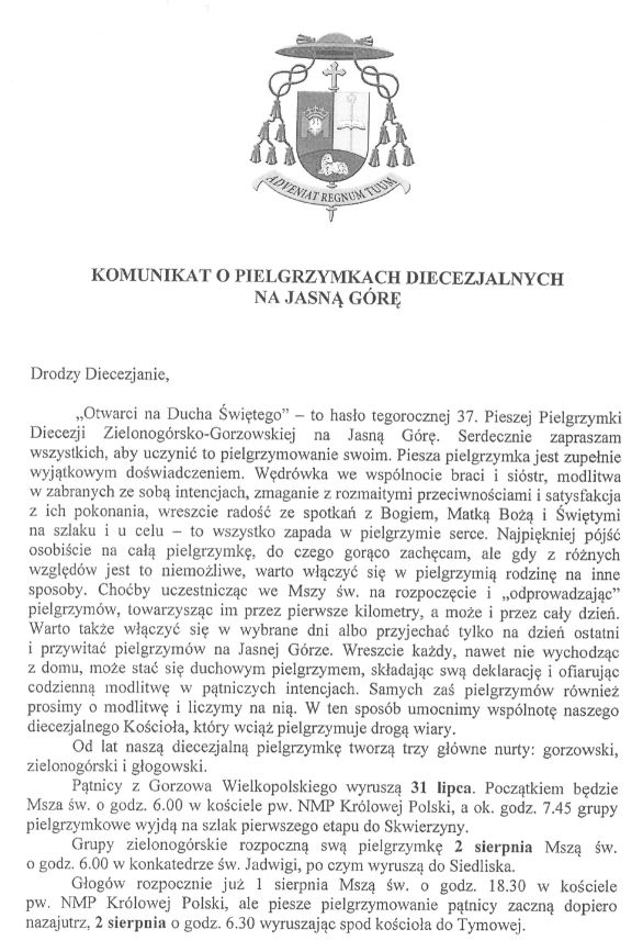 Komunikat o pielgrzymkach 2019 new