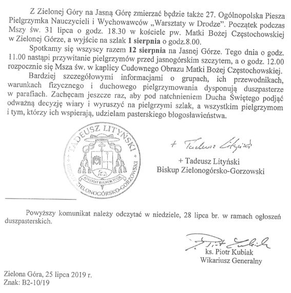 Komunikat o pielgrzymkach 2019 new 1