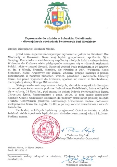Zaproszenie JE Bpa Lubuskie Uwielbienie1