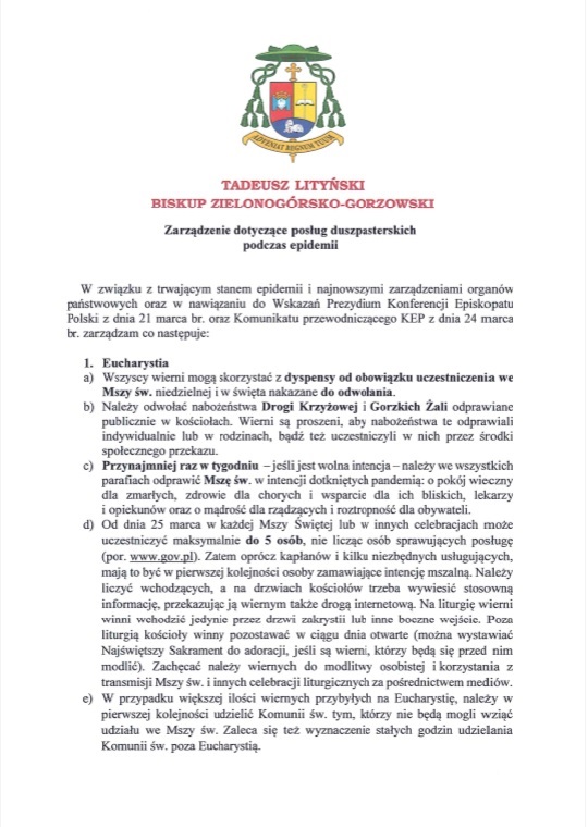 Zarzadzenie dotyczace poslug duszpasterskich podczas epidemii (26.03.2020 r.)
